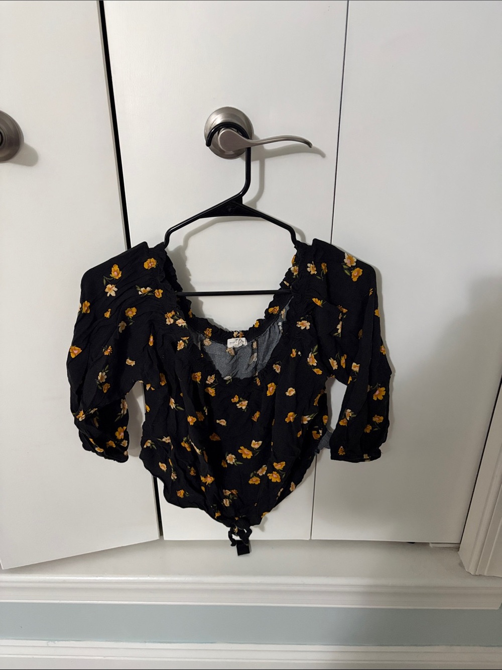 Black Floral Tie-Front Women’s Blouse with Yellow Print
